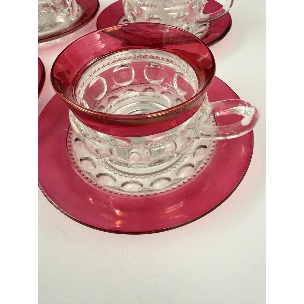Indiana Glass Kings Crown Cranberry Thumbprint 8 pcs. Tea cups Saucers (4 Sets) - Picture 5 of 7